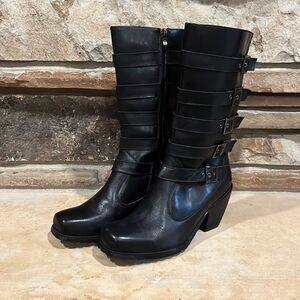 RideTecs Black Leather Five Buckle Biker Boots Square Toe